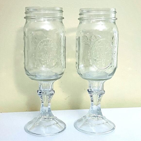 2 Country Mason Jar Wine Glasses Iced Tea Cocktail Glass Water Goblet - Picture 1 of 5
